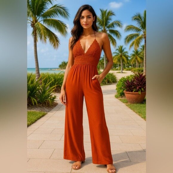 Blashe Burnt Orange Crochet Cross-Back Halter Wide-Leg Jumpsuit Size Large - Picture 14 of 14